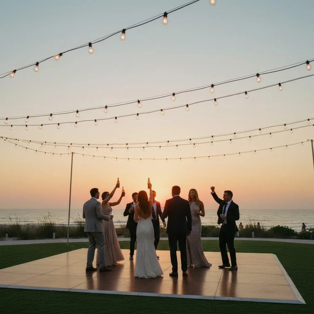 Luxury coastal wedding reception with string lights and dancefloor at sunset